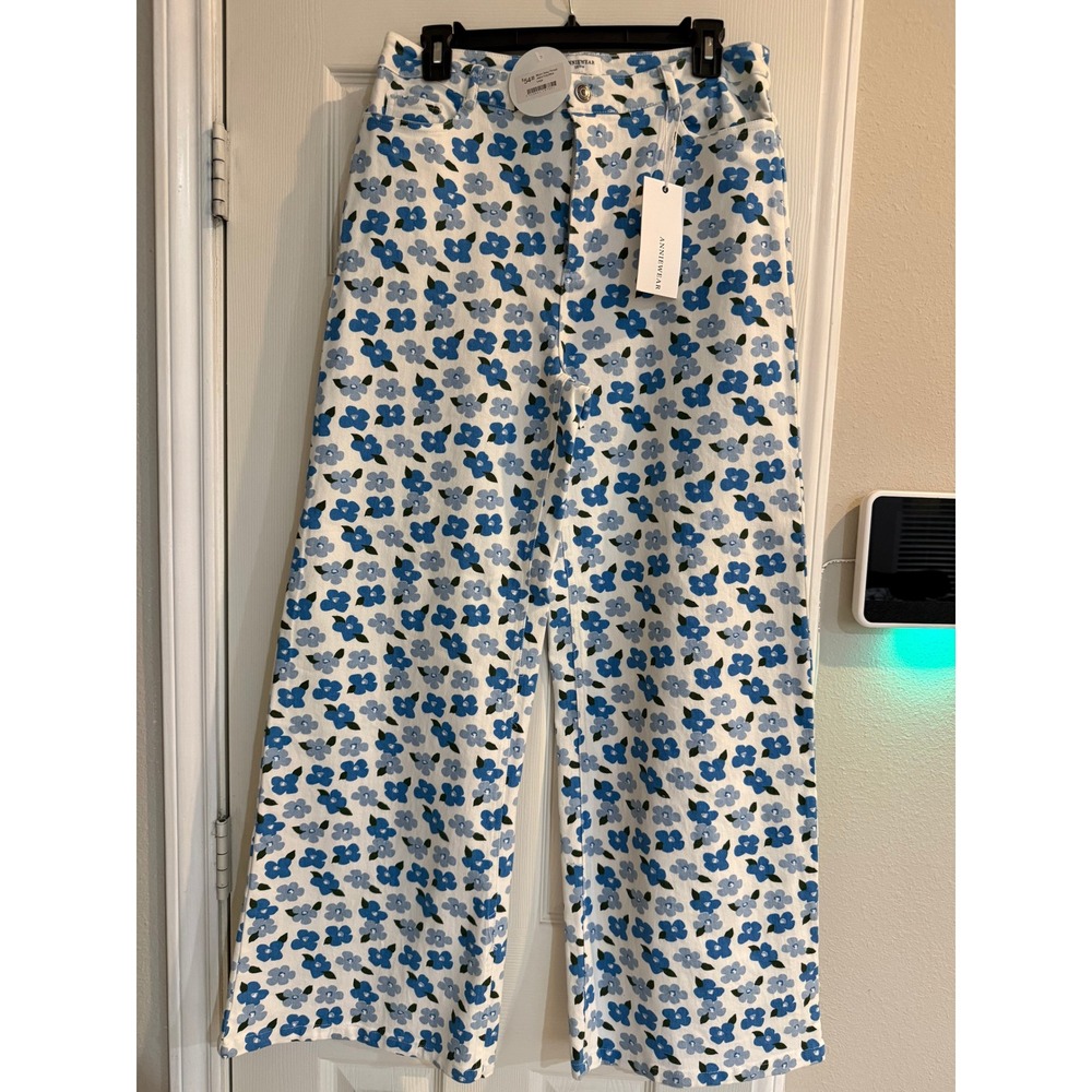Blue and ivory printed denim bloom away jeans